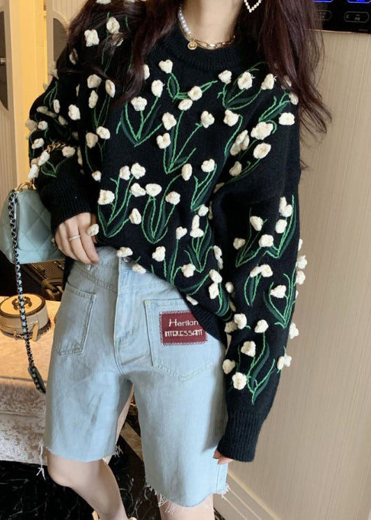 Black O Neck Cozy Cotton Knit Sweater Winter Wy007