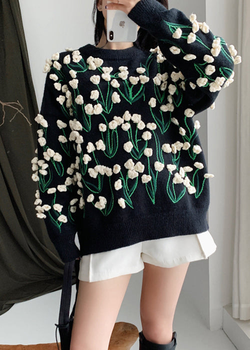 Black O Neck Cozy Cotton Knit Sweater Winter Wy007