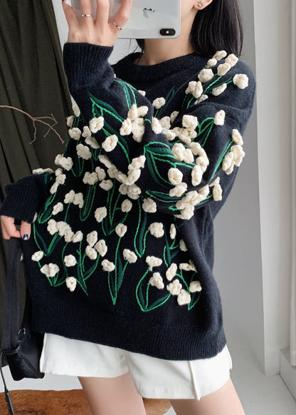 Black O Neck Cozy Cotton Knit Sweater Winter Wy007
