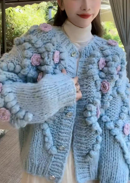 Blue O Neck Button Cozy Knit Coat Winter Wy009