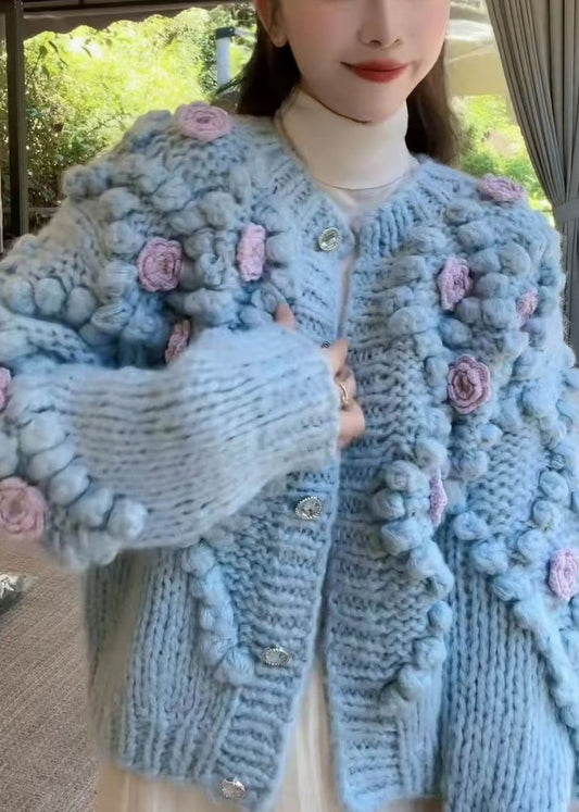 Blue O Neck Button Cozy Knit Coat Winter Wy009