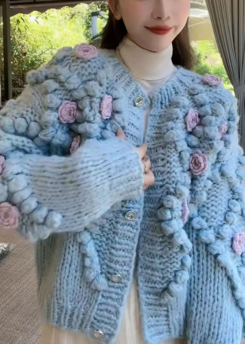 Blue O Neck Button Cozy Knit Coat Winter Wy009