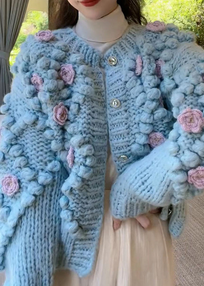 Blue O Neck Button Cozy Knit Coat Winter Wy009