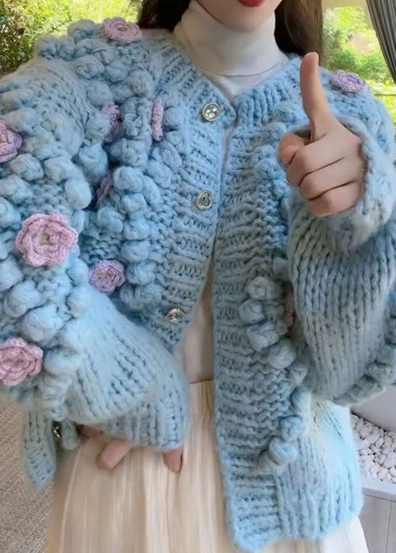 Blue O Neck Button Cozy Knit Coat Winter Wy009