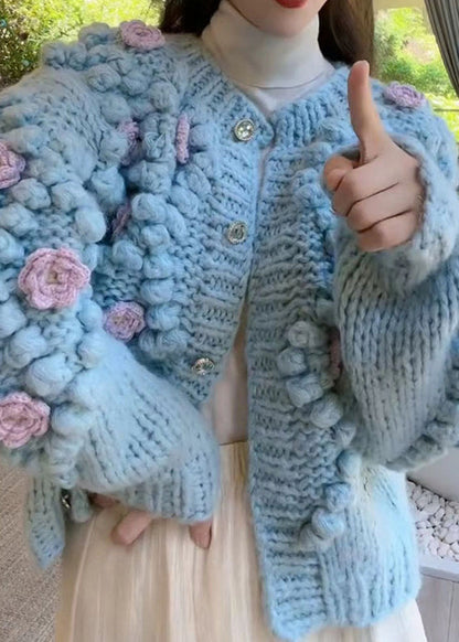 Blue O Neck Button Cozy Knit Coat Winter Wy009
