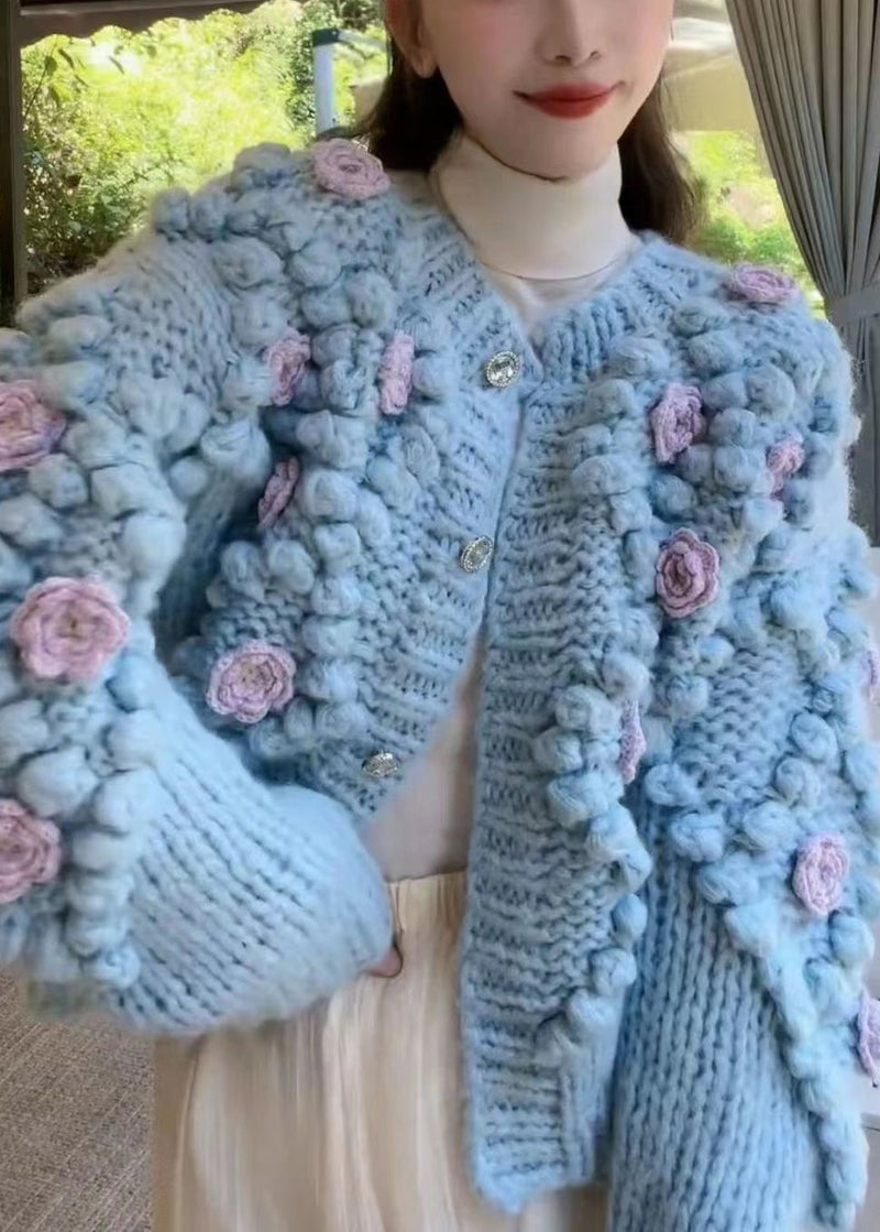 Blue O Neck Button Cozy Knit Coat Winter Wy009
