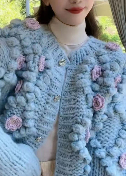 Blue O Neck Button Cozy Knit Coat Winter Wy009