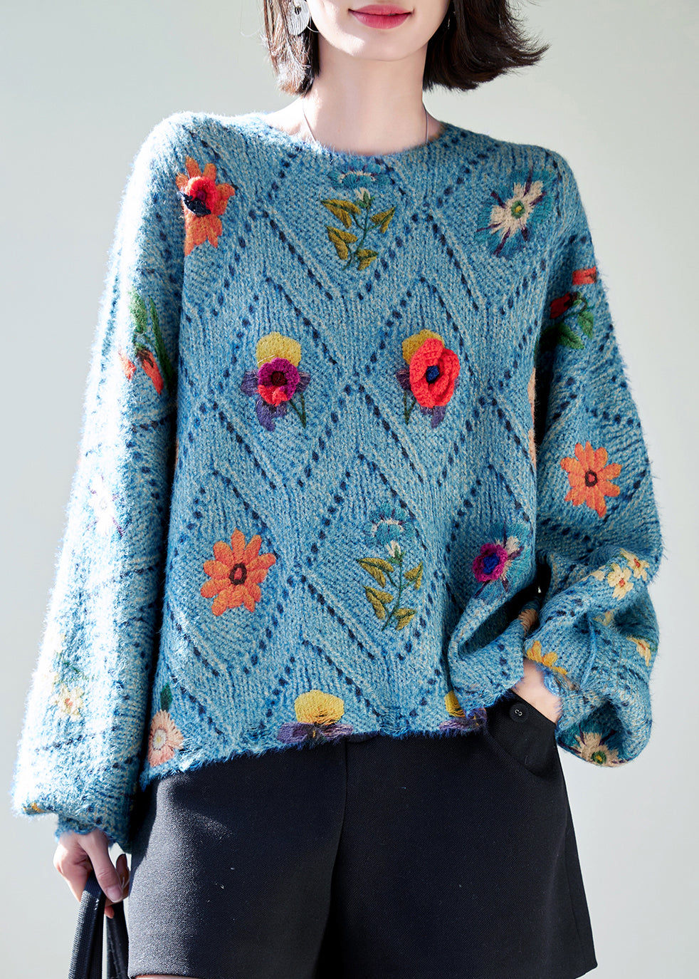 Blue O-neck Hollow Out Knit Sweaters Fall Qc032