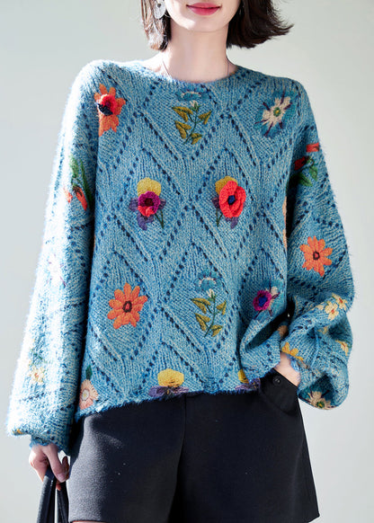 Blue O-neck Hollow Out Knit Sweaters Fall Qc032