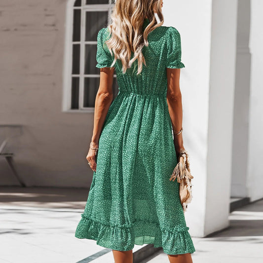 Summer Short Sleeve V-neck Flowy Party Beach Midi Dress