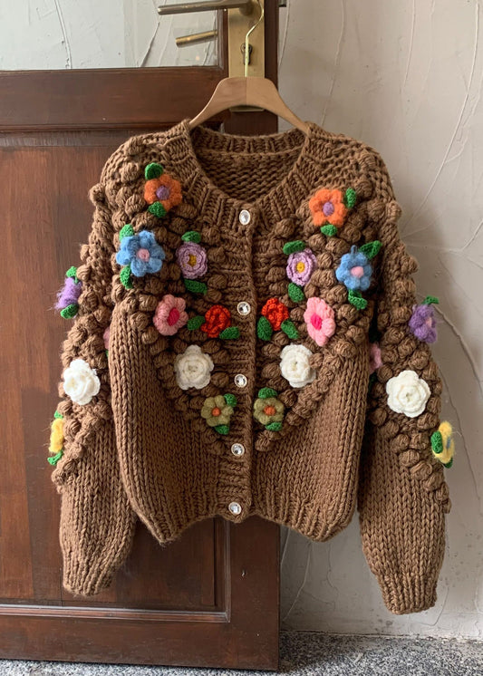 Brown Button Cozy Patchwork Cotton Knit Coats Winter Wy011