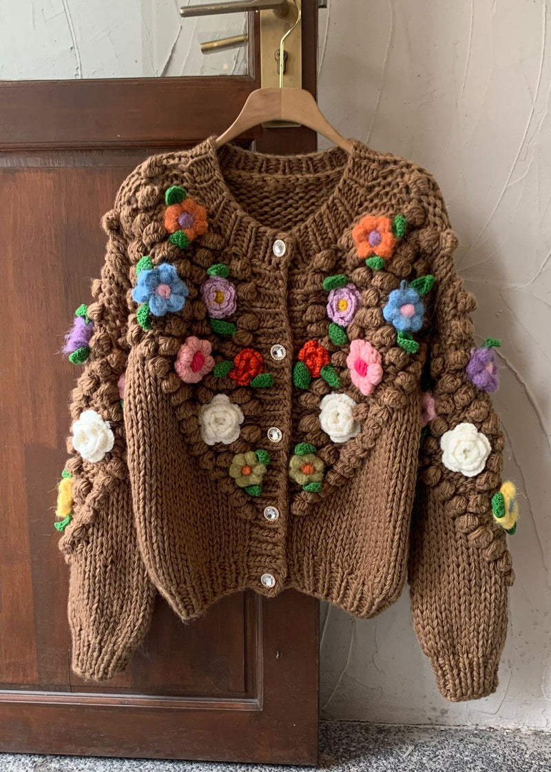 Brown Button Cozy Patchwork Cotton Knit Coats Winter Wy011