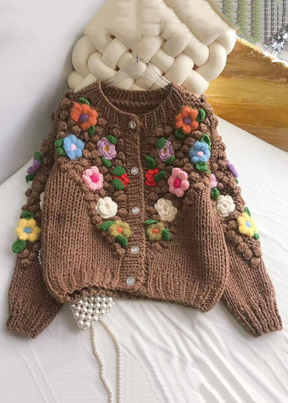 Brown Button Cozy Patchwork Cotton Knit Coats Winter Wy011