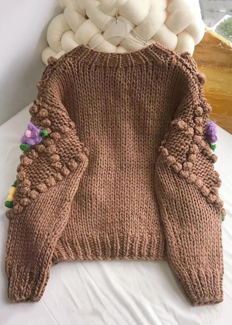 Brown Button Cozy Patchwork Cotton Knit Coats Winter Wy011