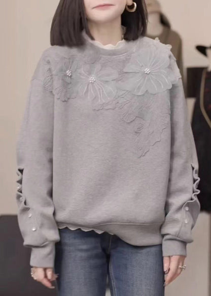 Grey Nail Bead Loose Cotton Sweatshirt Fall Rk030