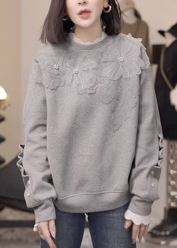 Grey Nail Bead Loose Cotton Sweatshirt Fall Rk030