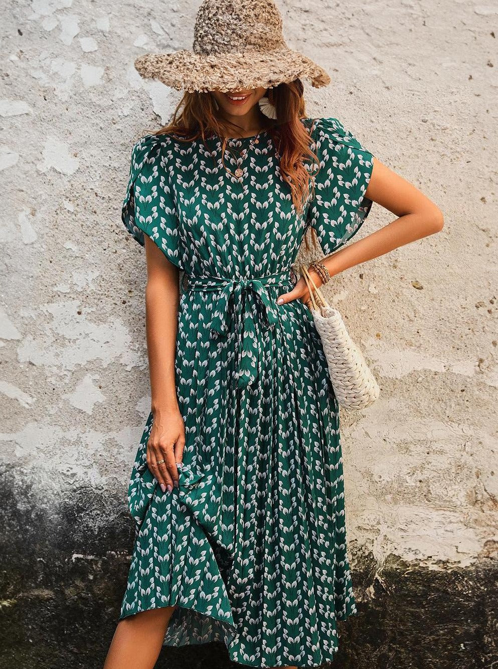 Midi Dress Stretch Sash Jewel Neck Short Sleeves