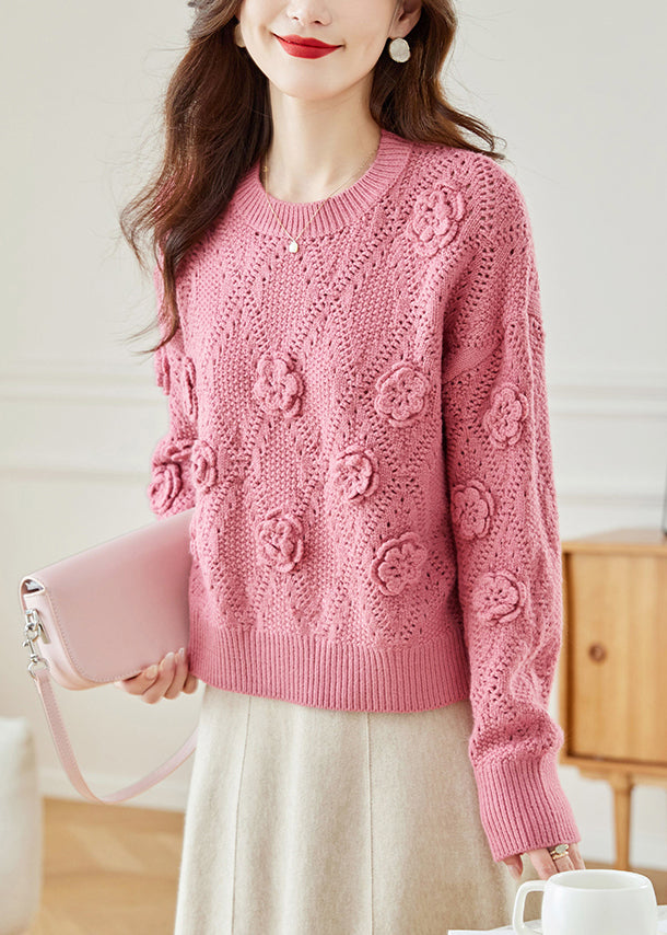 Pink Hollow Out Knit Sweaters Fall Qc033
