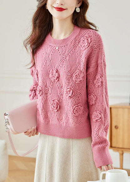 Pink Hollow Out Knit Sweaters Fall Qc033