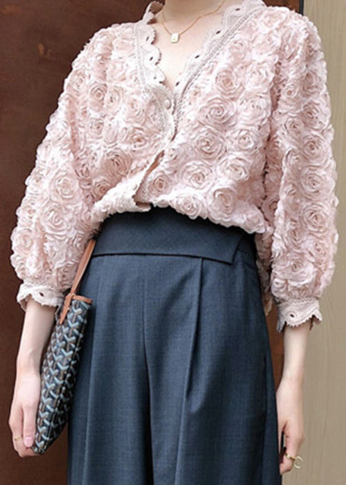 Pink V Neck Button Lace Blouses Bracelet Sleeve Wy013