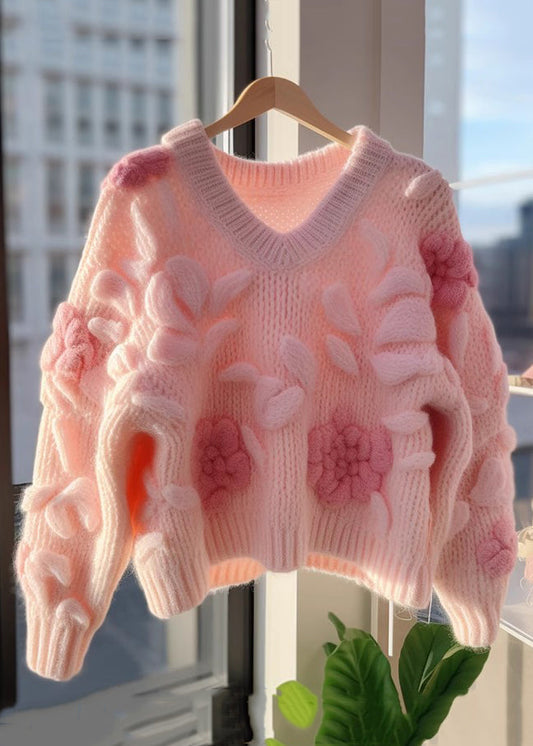 Pink V Neck Original Design Knit Cardigans Fall Qv060