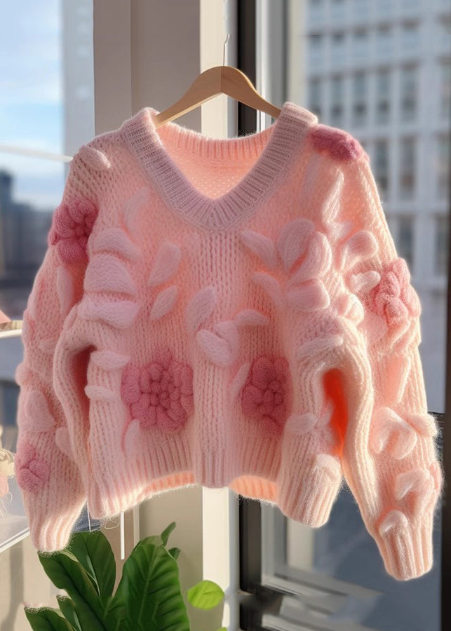 Pink V Neck Original Design Knit Cardigans Fall Qv060
