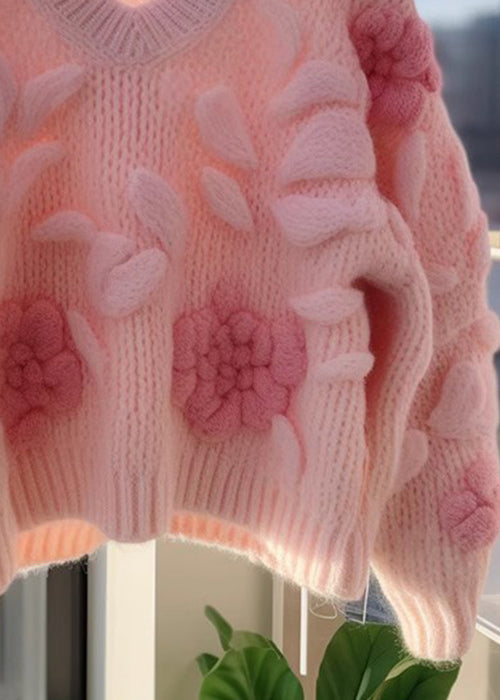 Pink V Neck Original Design Knit Cardigans Fall Qv060