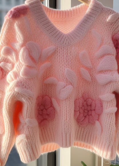 Pink V Neck Original Design Knit Cardigans Fall Qv060
