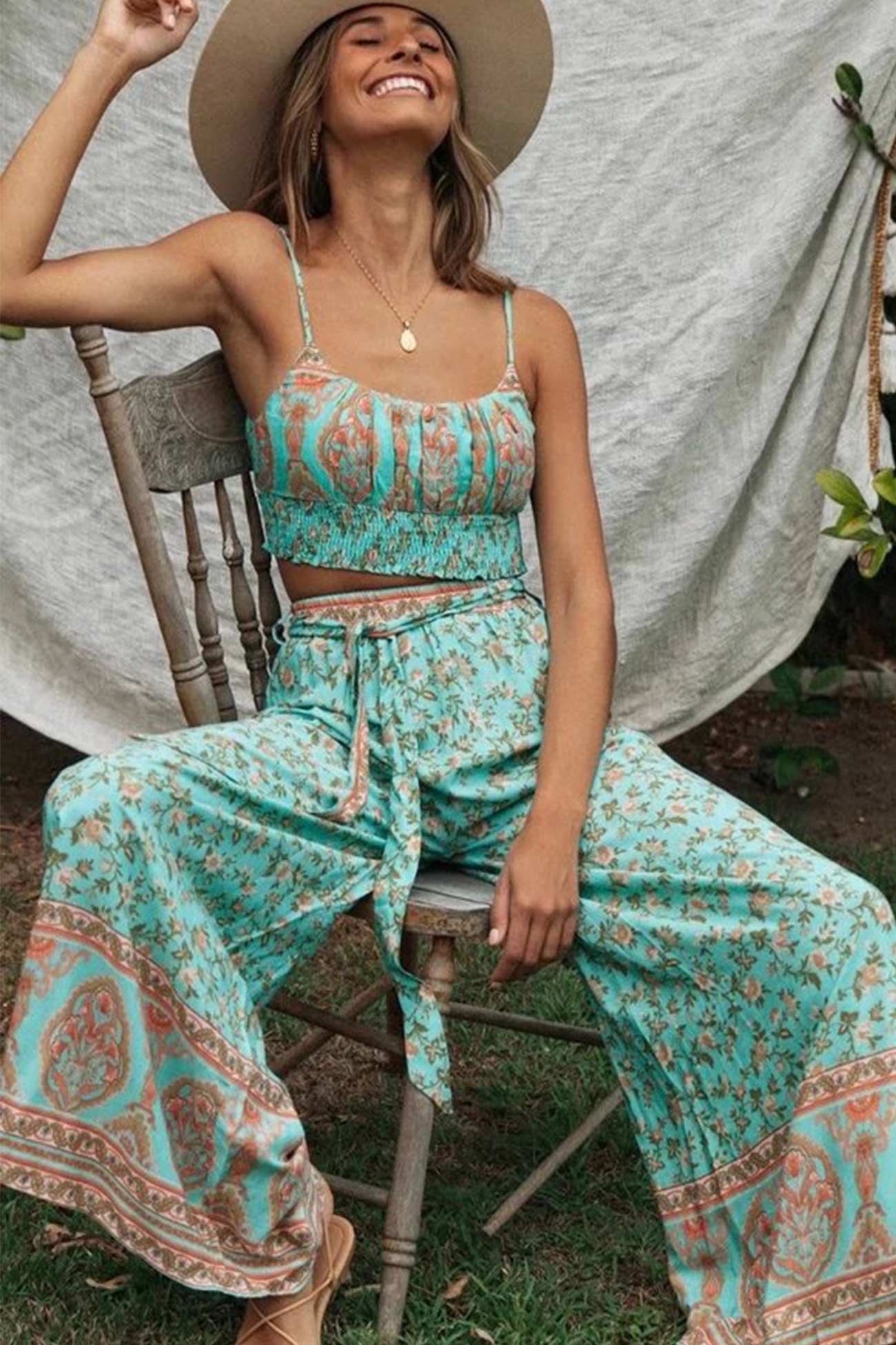 Print Crop Top Pants Set