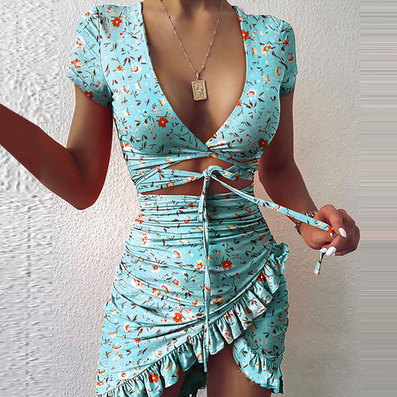 Print Tie Up Wrap Mini Dress