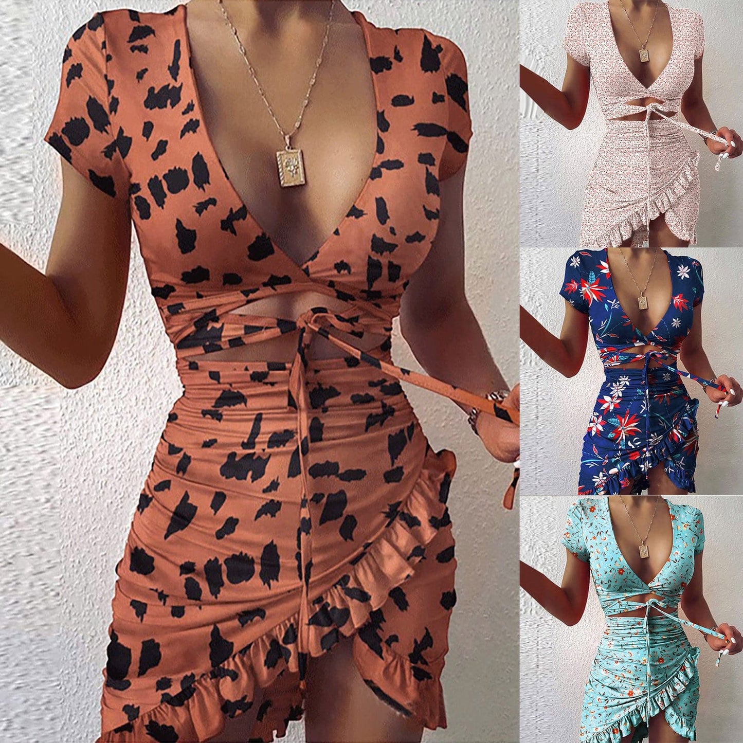Print Tie Up Wrap Mini Dress