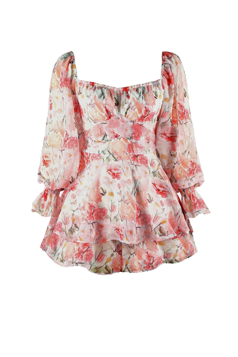 Print Long Sleeve Ruffled Skirt Pants