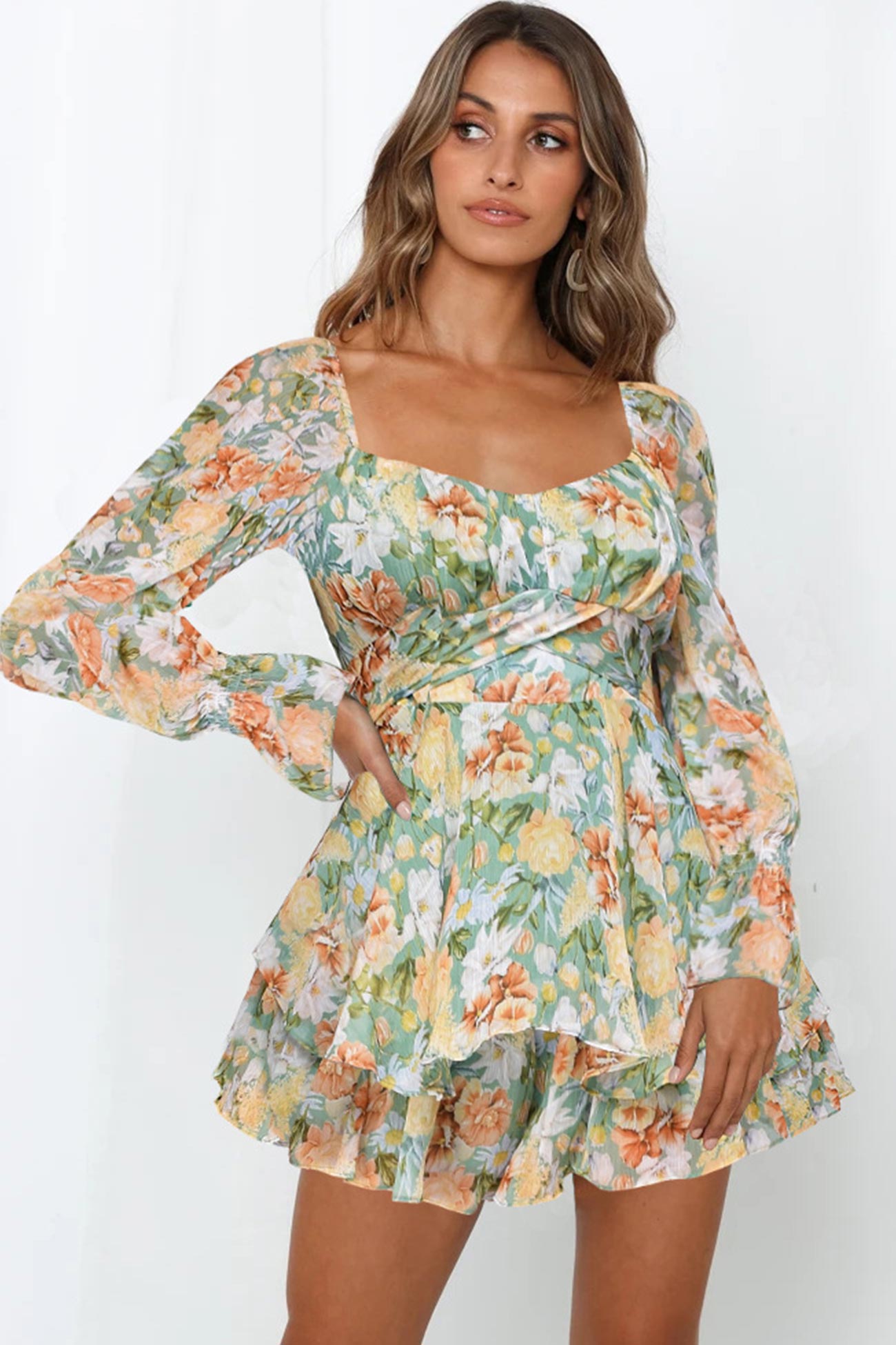 Print Long Sleeve Ruffled Skirt Pants