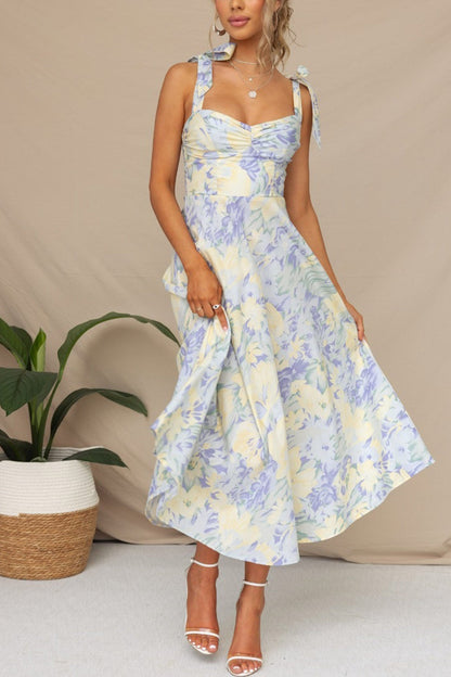 Print Tie-straps Waisted Midi Dress