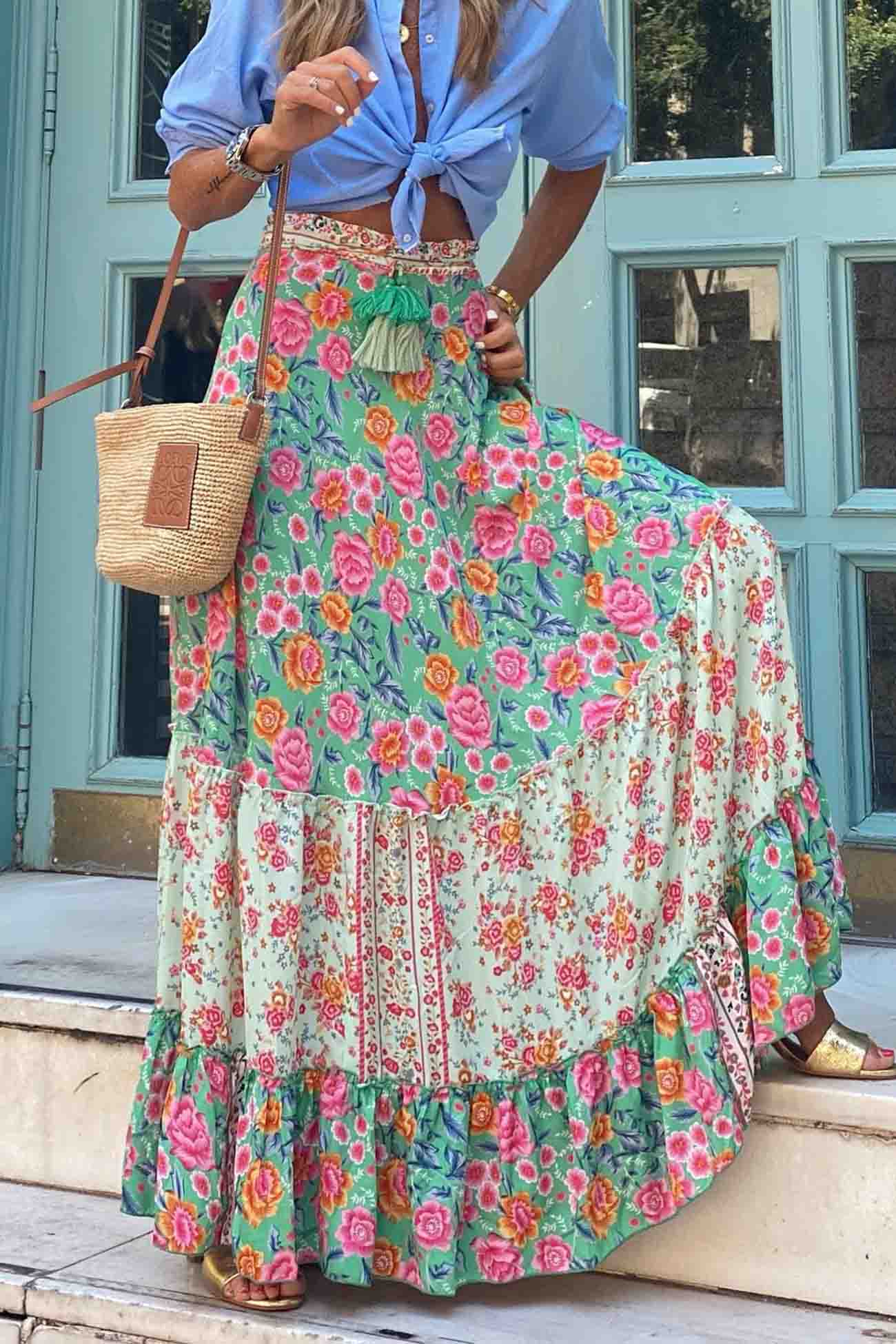 Printed Patchwork Ruffle Midi Skirt