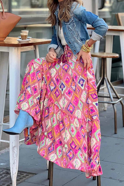Printed Patchwork Ruffle Midi Skirt