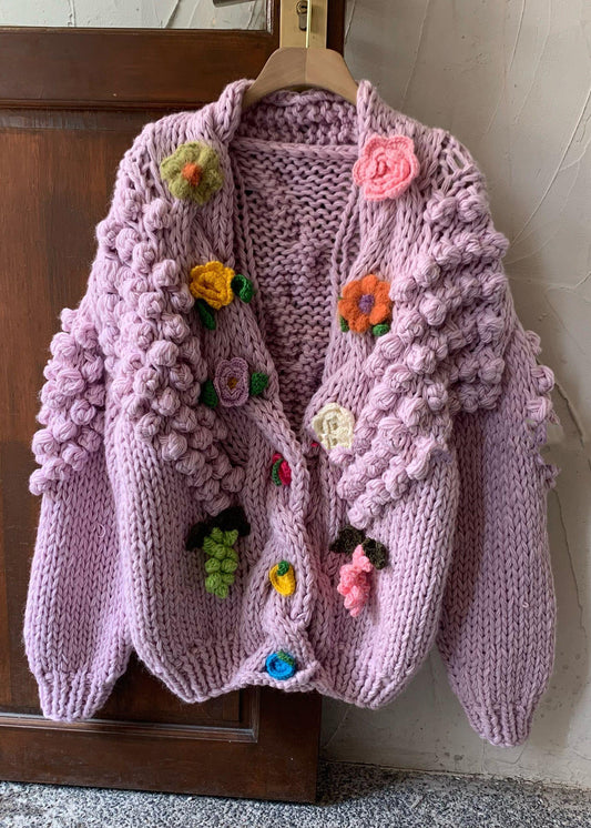 Purple V Neck Button Cozy Knit Cardigans Winter Wy010