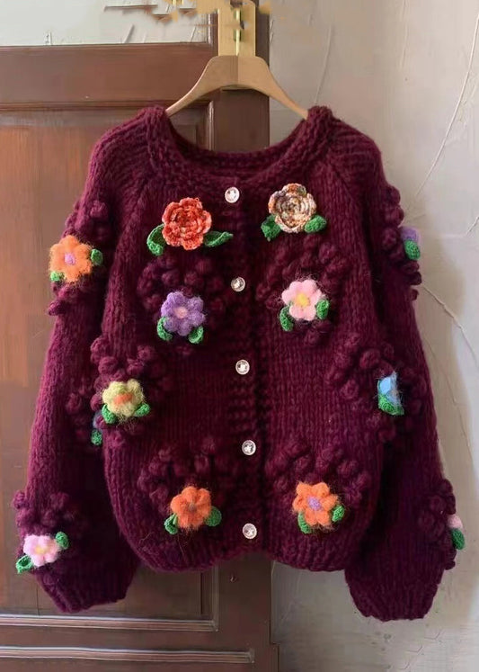 Red O Neck Button Cozy Cotton Knit Coats Long Sleeve Ab1004