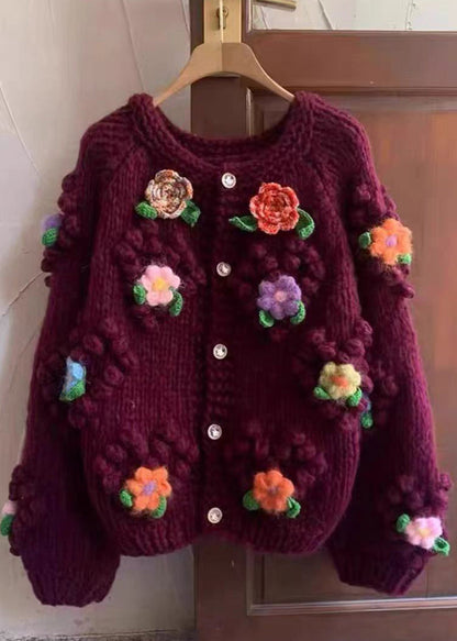 Red O Neck Button Cozy Cotton Knit Coats Long Sleeve Ab1004
