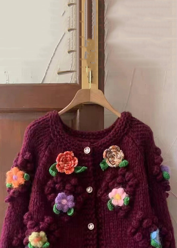 Red O Neck Button Cozy Cotton Knit Coats Long Sleeve Ab1004