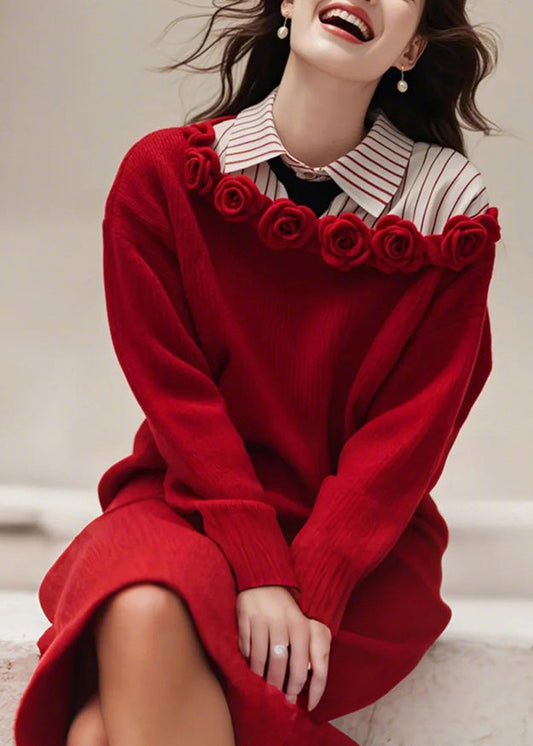 Red Slash Neck Knit Sweater Dress Fall Qs015