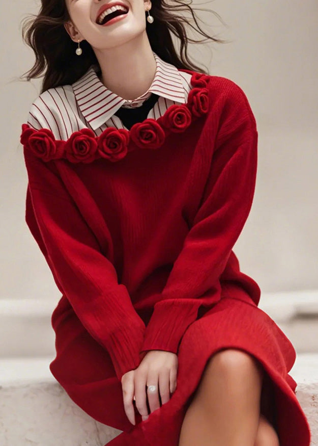Red Slash Neck Knit Sweater Dress Fall Qs015