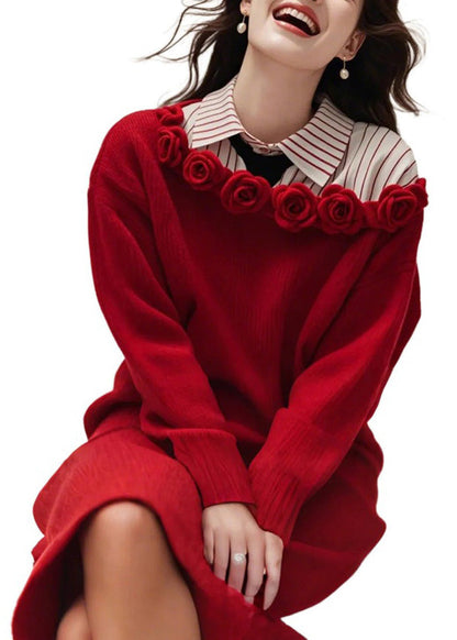 Red Slash Neck Knit Sweater Dress Fall Qs015