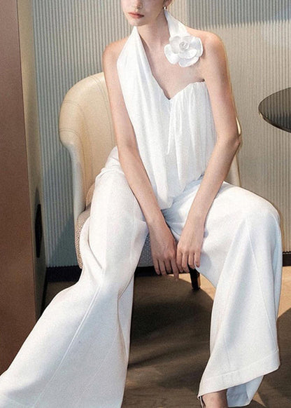 White Asymmetrical Tank and Wide Leg Pants Cotton Two Pieces Set Sleeveless Yz063