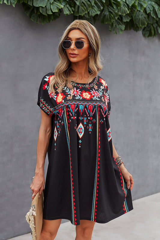 Embroidered Mini Dress Black