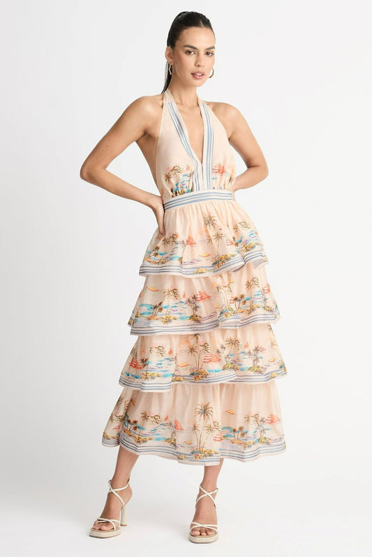 Halter Neck Backless Tiered Ruffle Hem Maxi Dress