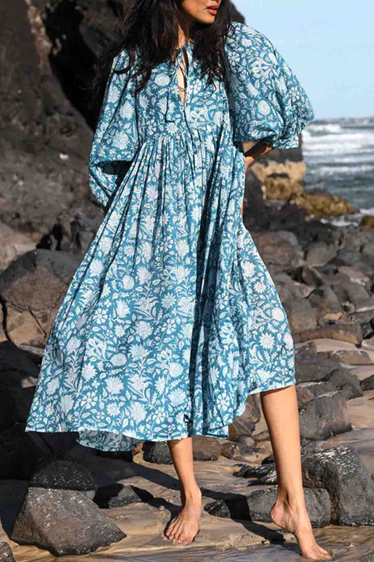 Printed Lantern Sleeve V Neck Midi Dress