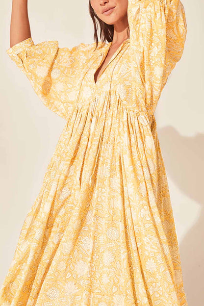 Printed Lantern Sleeve V Neck Midi Dress
