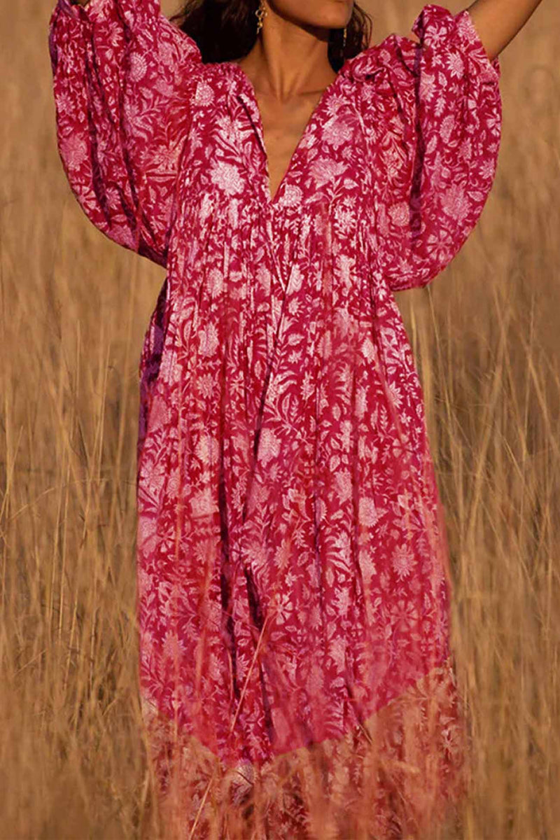 Printed Lantern Sleeve V Neck Midi Dress