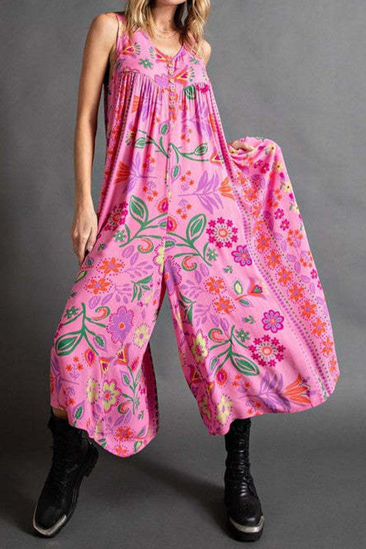 Printed Ruched Sleeveless Jumpsuits